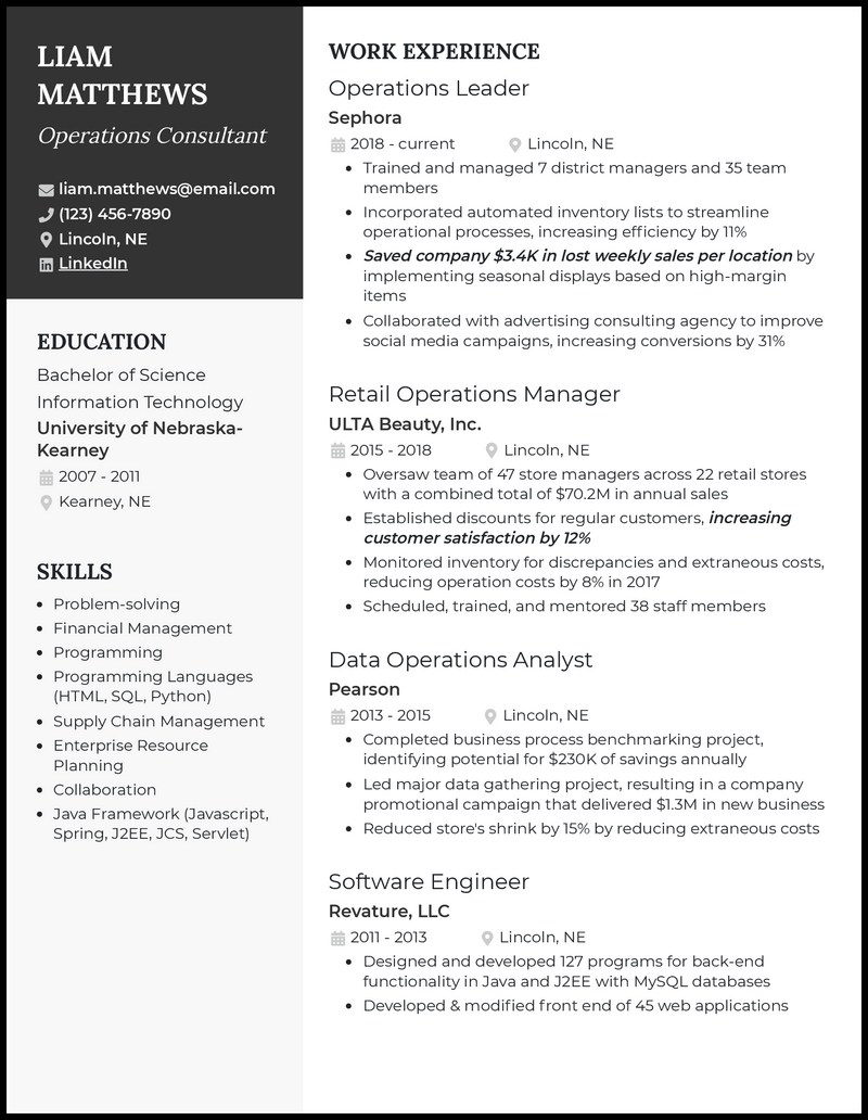 Professional operations consultant resume example