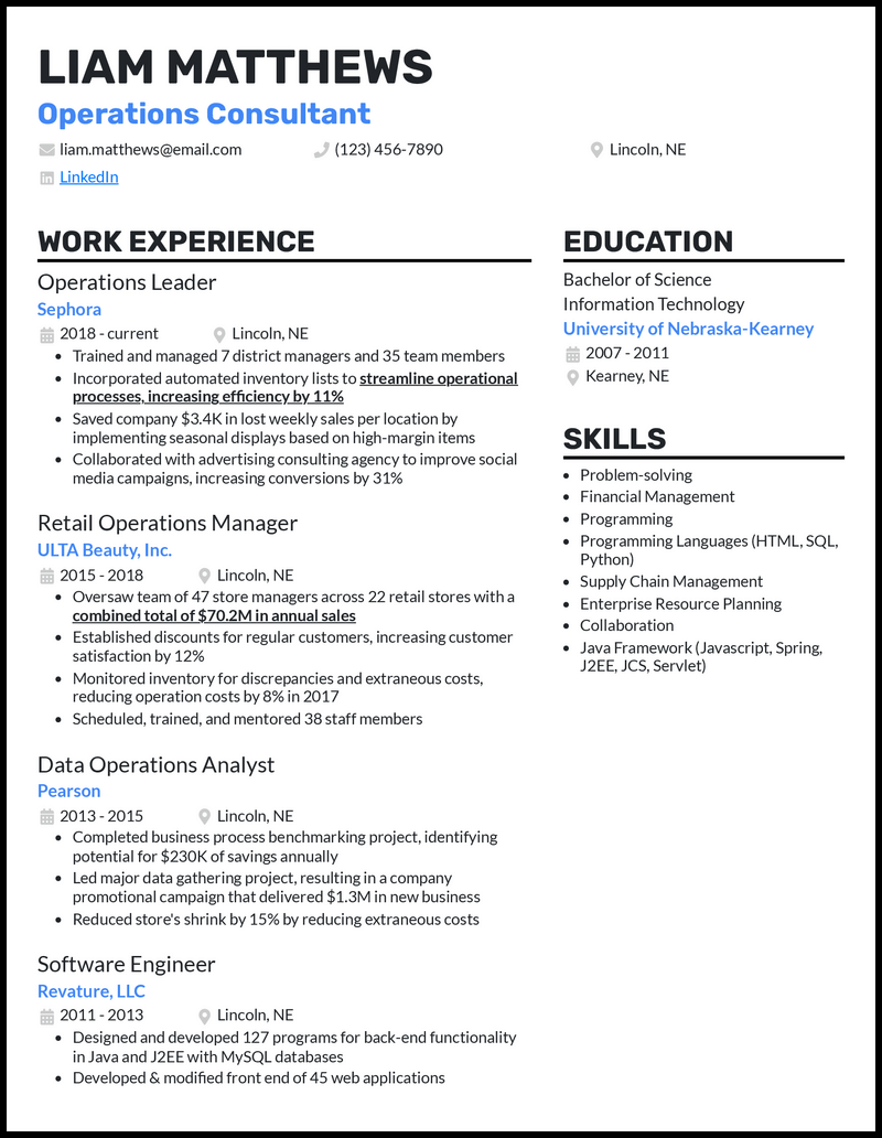 Operations consultant resume example with 7+ years experience