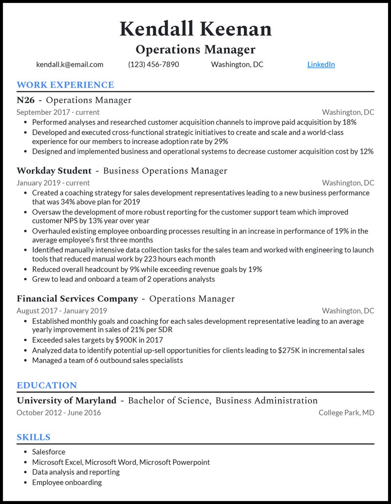 Operations manager resume example with 9+ years of experience