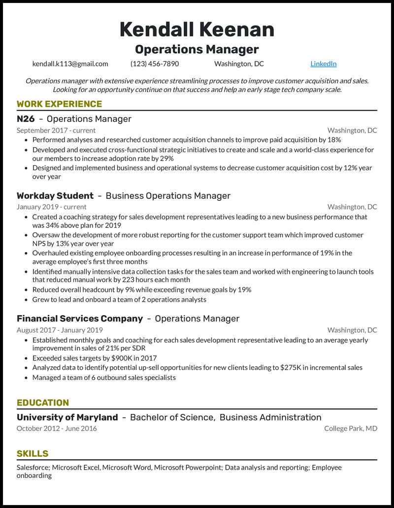 Operations Manager resume example