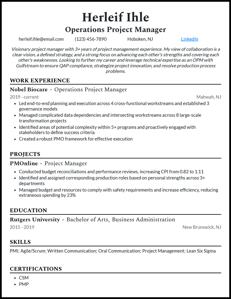 Modern operations project manager resume example