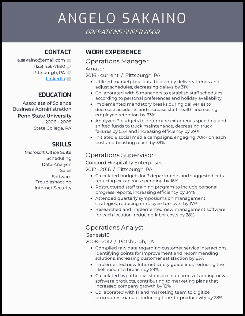 Operations supervisor resume example with 10 years of experience