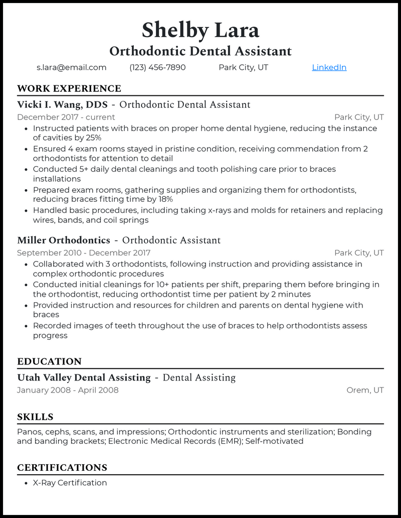 Formal orthodontic dental assistant resume example