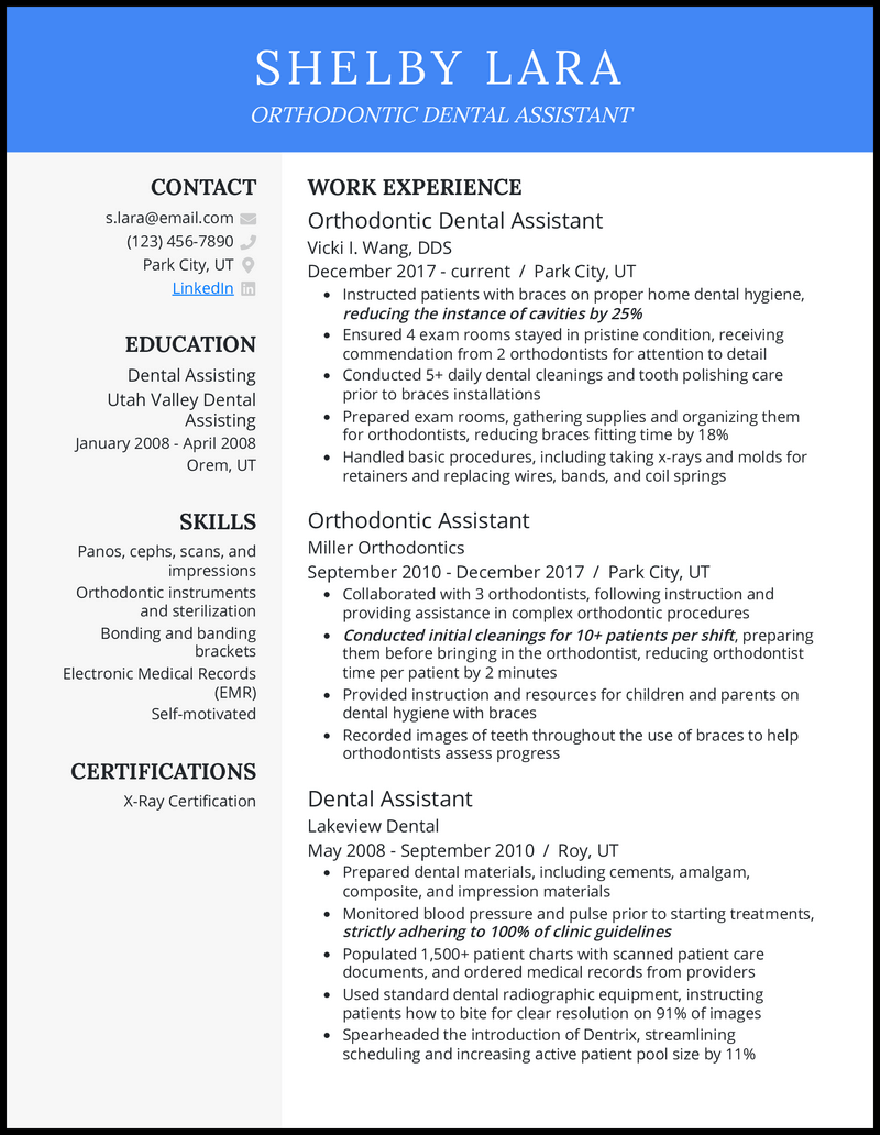 Orthodontic dental assistant resume example with 10+ years of experience