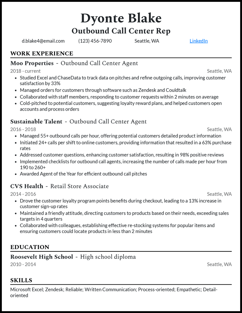 3 Outbound Call Center Resume Examples For 2023