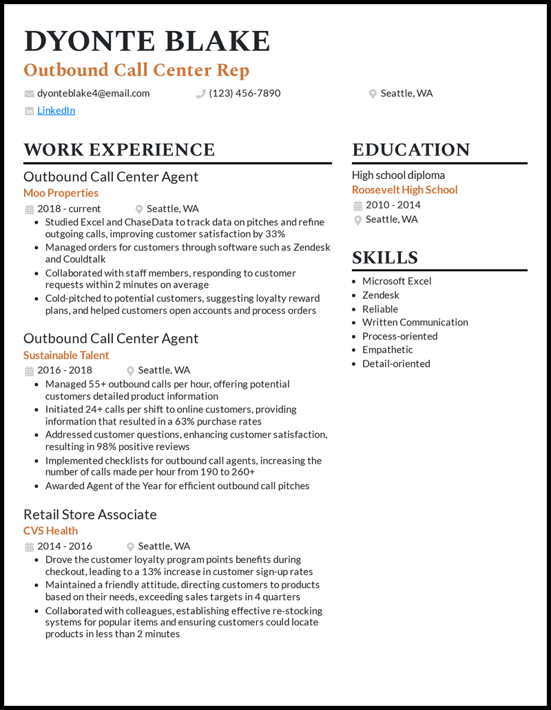 call center resume examples for freshers