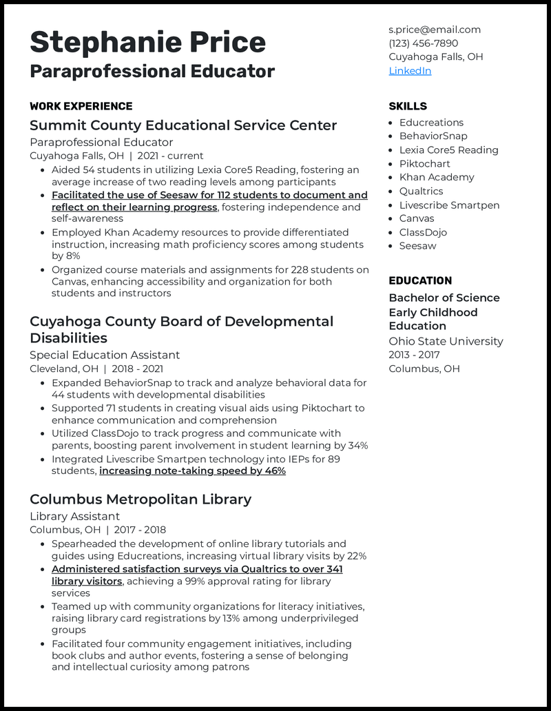 17 Paraprofessional Resume Examples - Paraprofessional Educator Black Resume Example