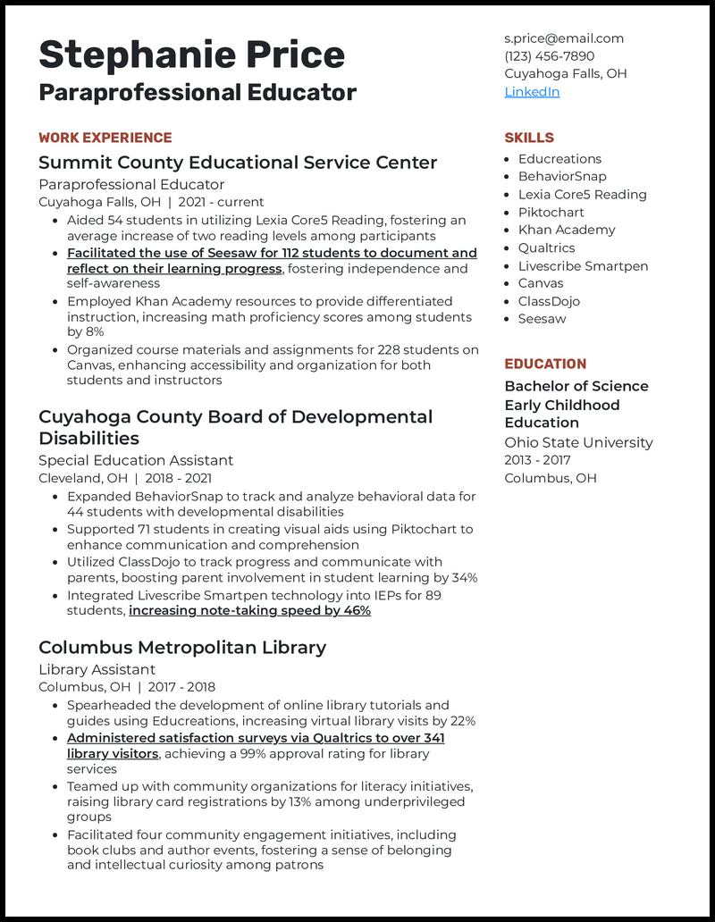 17 Paraprofessional Resume Examples - Paraprofessional Educator Red Brown Resume Example 