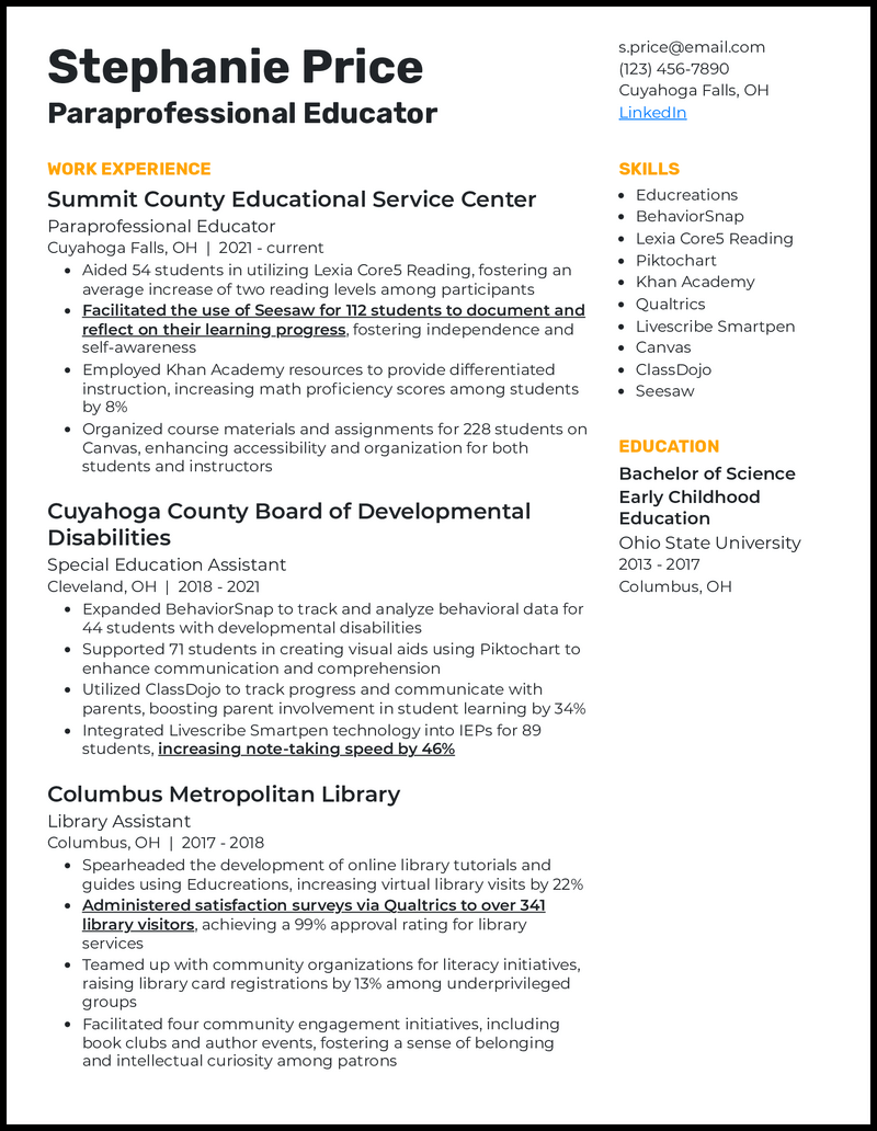 17 Paraprofessional Resume Examples - Paraprofessional Educator Yellow Resume Example 