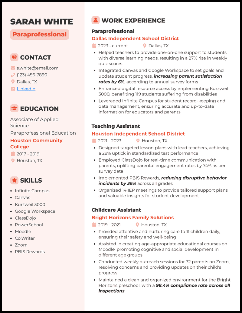 Paraprofessional resume example with 9 years of experience