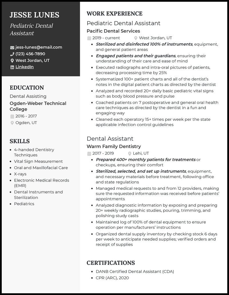 Pediatric dental assistant resume example with no experience