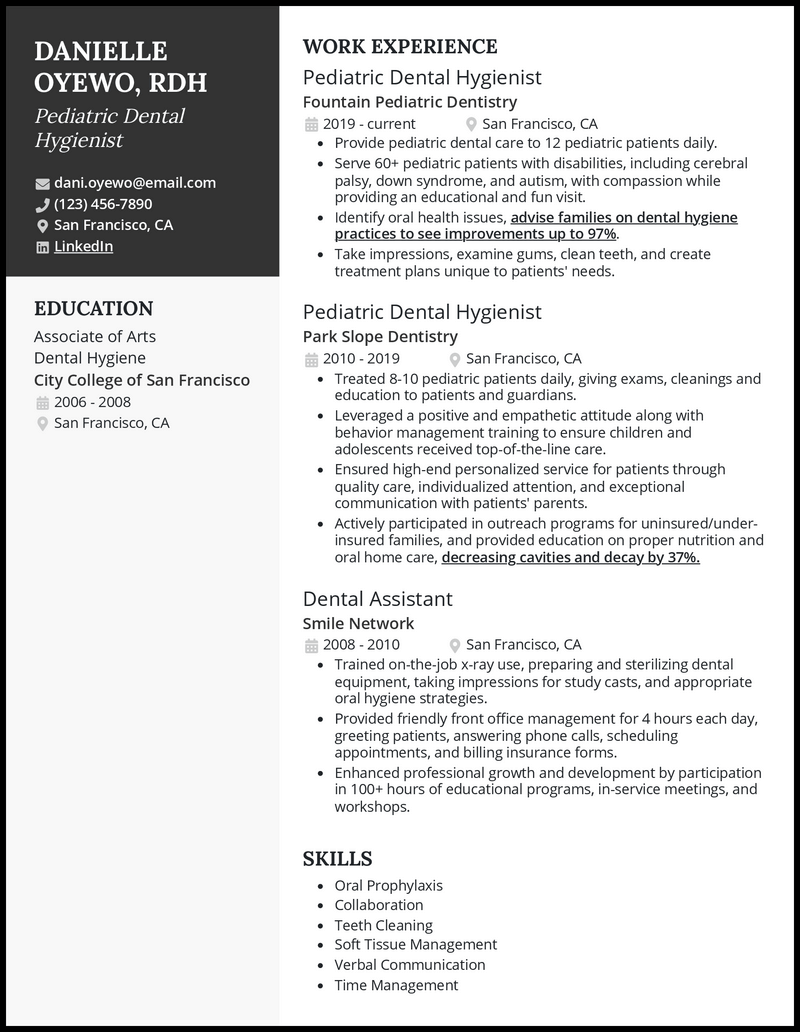 Professional pediatric dental hygienist resume example with 5+ years experience