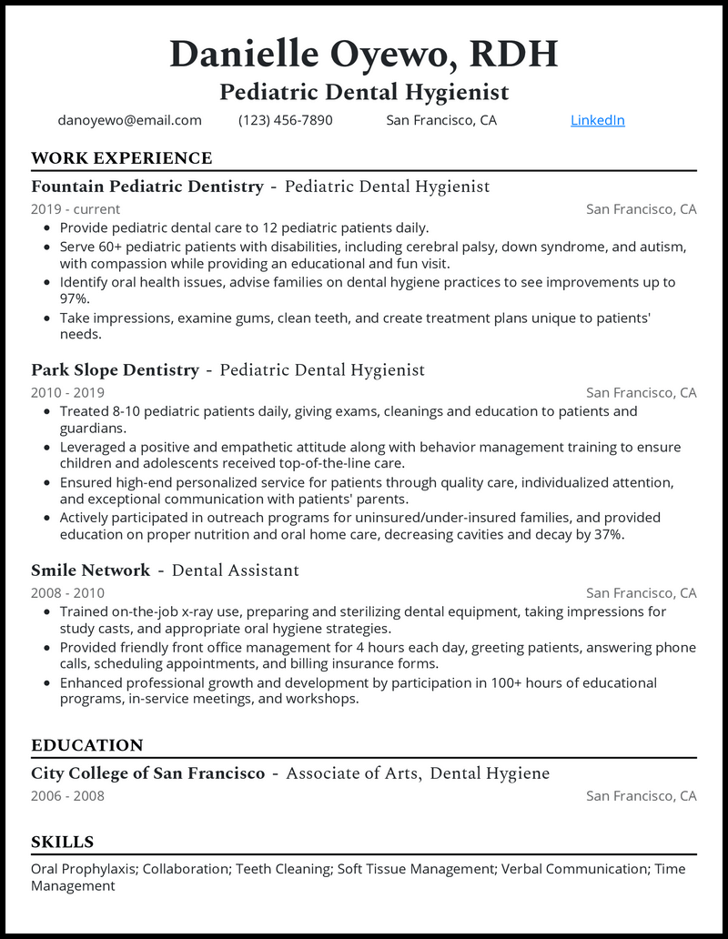 Formal pediatric dental hygienist resume example with 5+ years experience