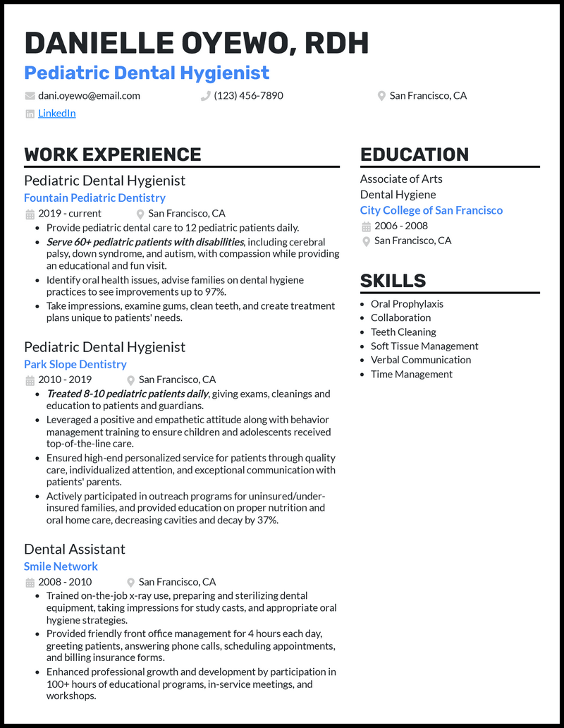 Pediatric dental hygienist resume example with 5+ years experience