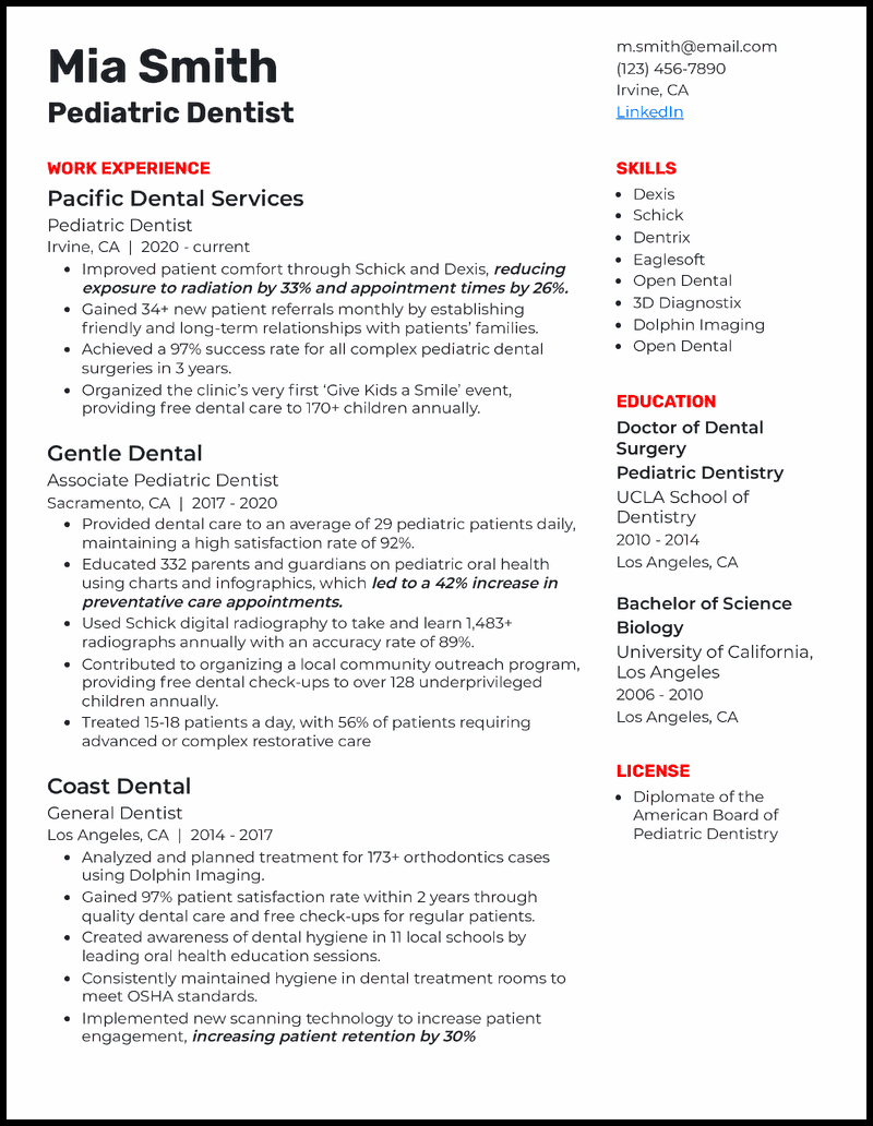 Pediatric dentist resume example with 9 years of experience