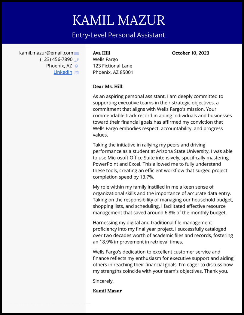 Personal Assistant No Experience Cover Letter Example