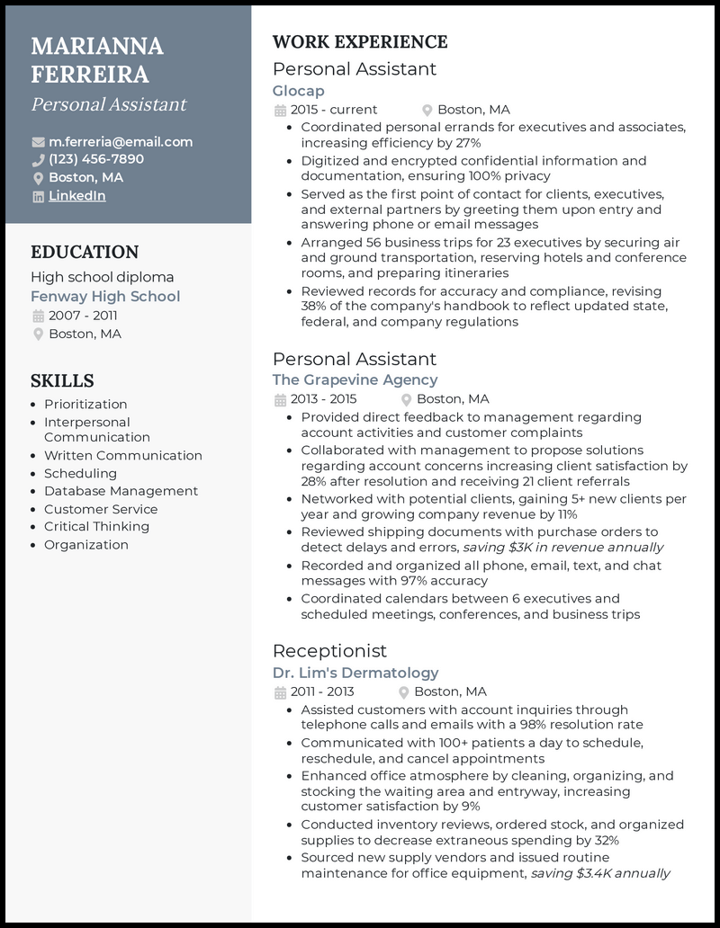 Personal assistant resume example with 9 years of experience