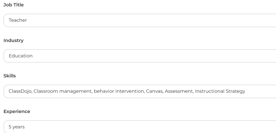 Add your job title, profession, skills, and years of experience