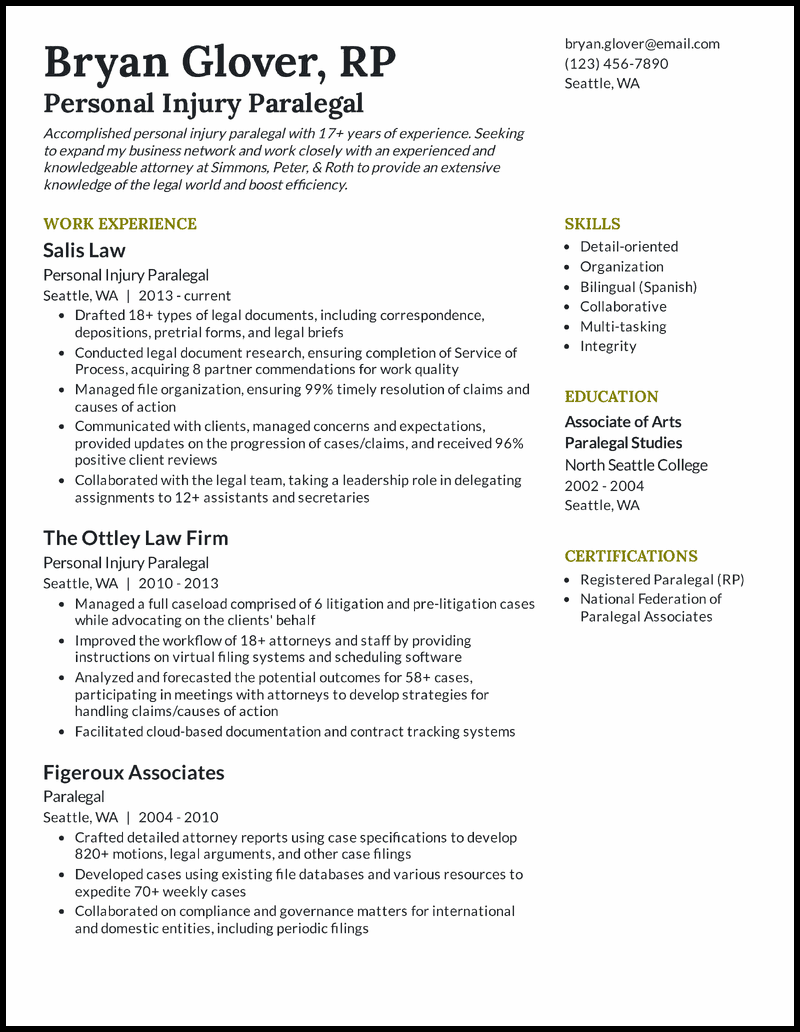 Personal injury paralegal resume example with 13 years of experience