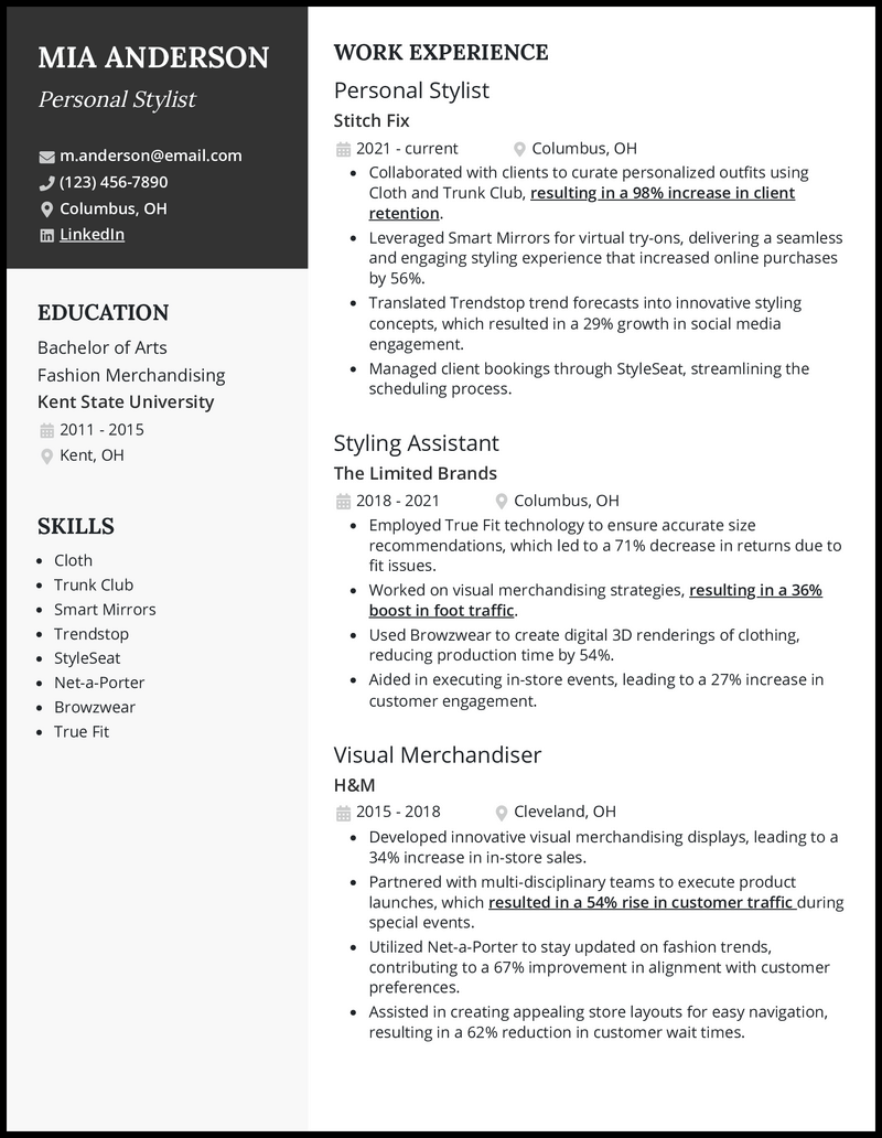 Personal stylist resume example with visual merchandising experience