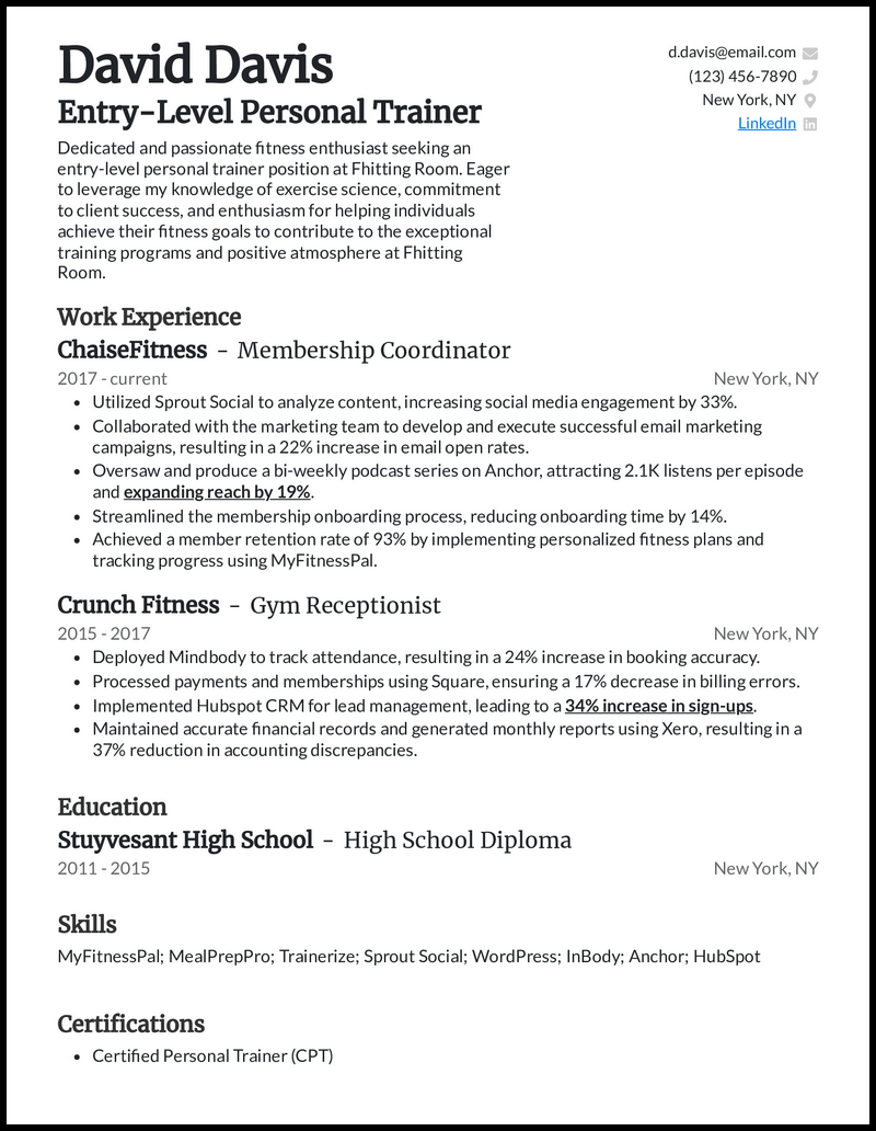 Personal trainer no experience resume example with receptionist experience