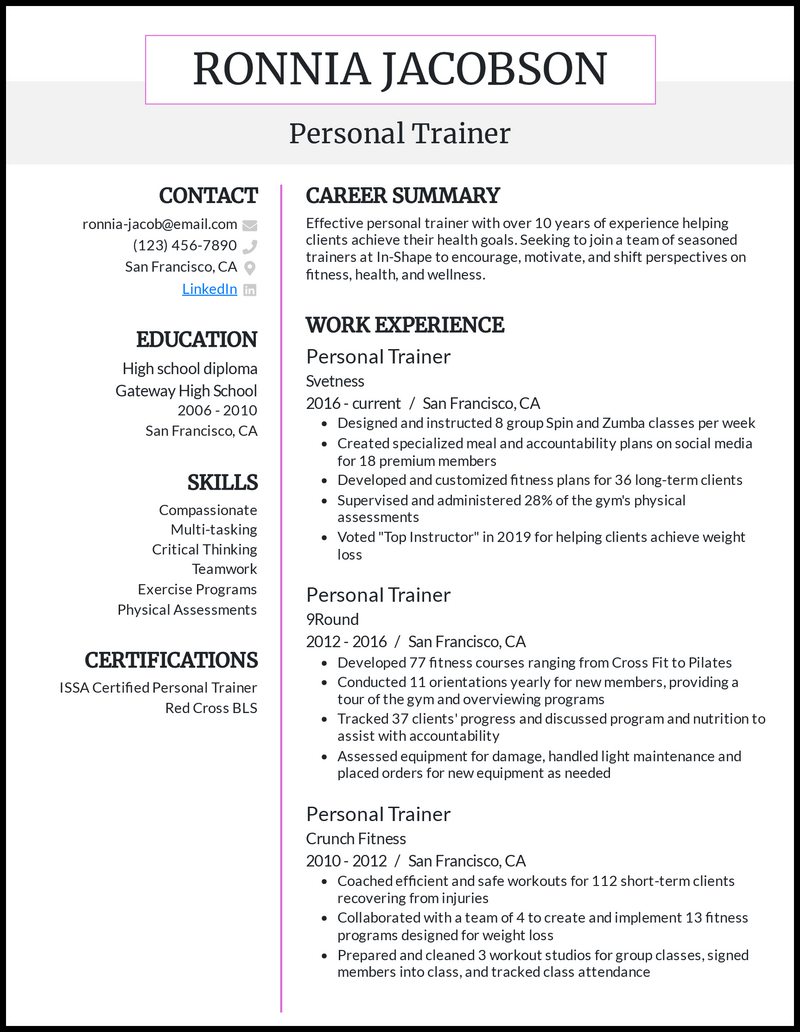 Personal trainer resume example with 12+ years of experience