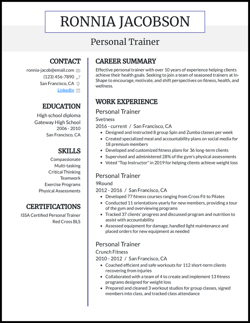 7 Personal Trainer Resume Examples - Personal Trainer Royal Blue Resume Example 