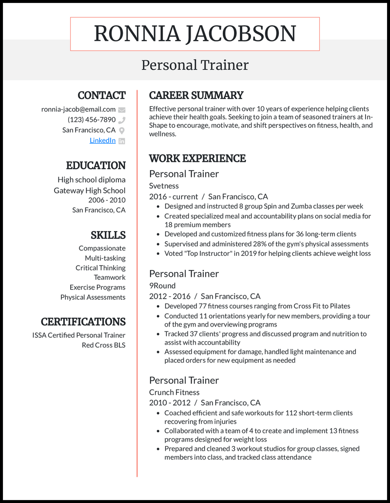 7 Personal Trainer Resume Examples - Personal Trainer Salmon Resume Example 