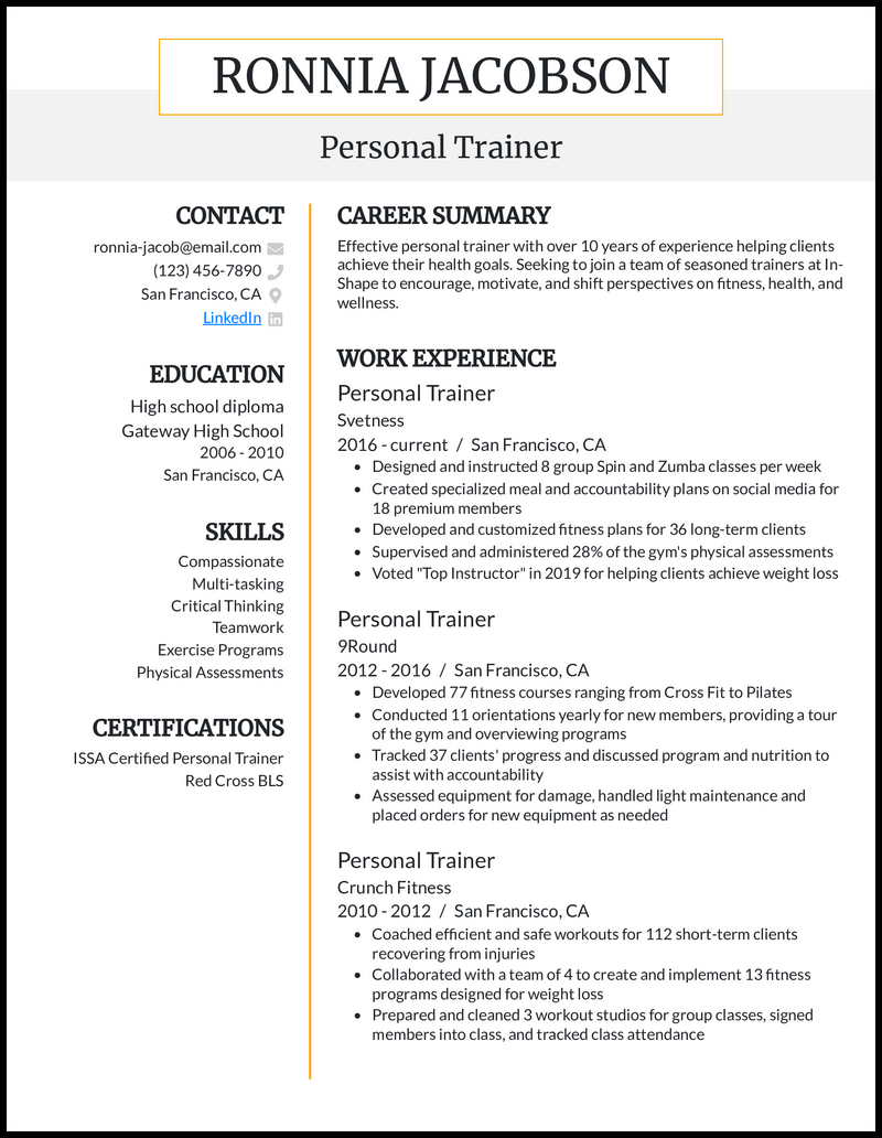 7 Personal Trainer Resume Examples - Personal Trainer Yellow Resume Example 