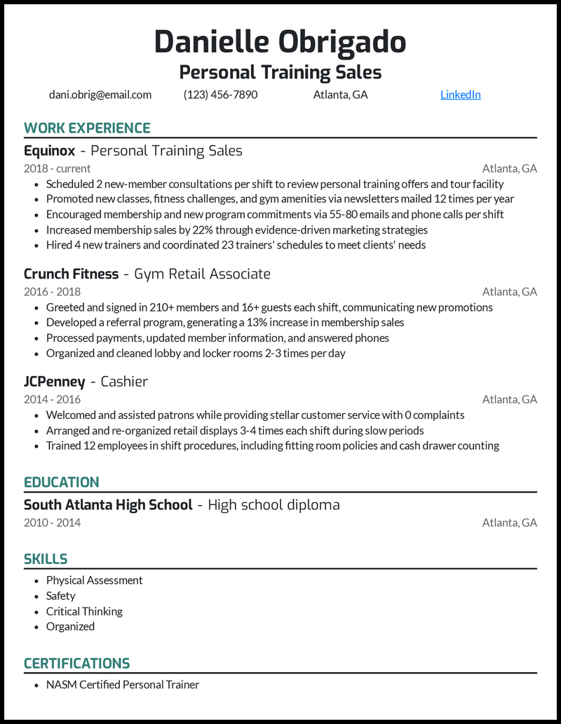 Personal training sales resume example with 4+ years of experience 