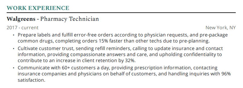 Pharmacy technician work experience section on resume example