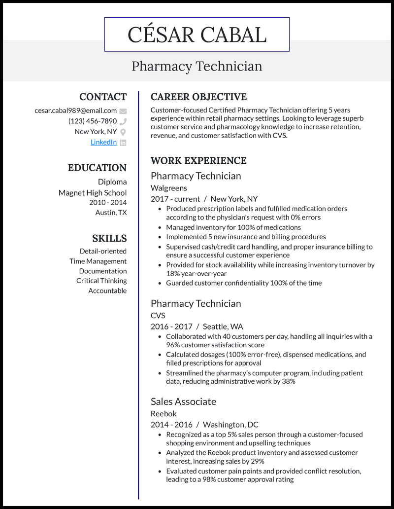 15 Pharmacy Technician Resume Examples - Pharmacy Technician Royal Blue Resume Example 