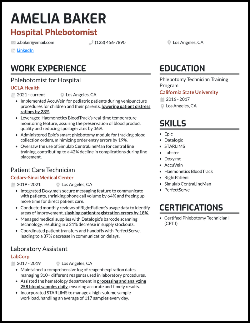 19 Phlebotomist Resume Examples - Phlebotomist For Hospital Red Brown Resume Example 