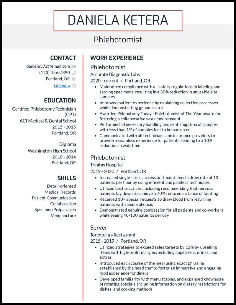 Phlebotomist resume example with 4 years of experience