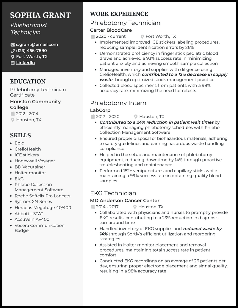 Phlebotomist technician resume example with 6 years of experience