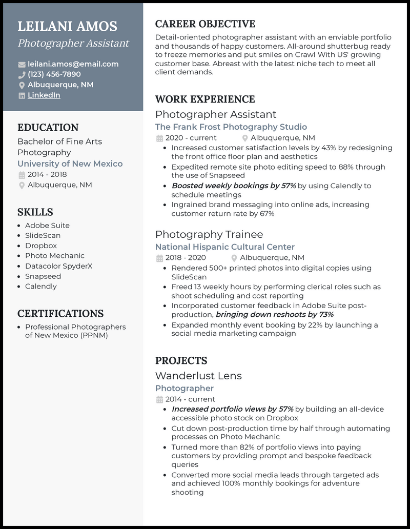 Photographer assistant resume example with 3 years of experience