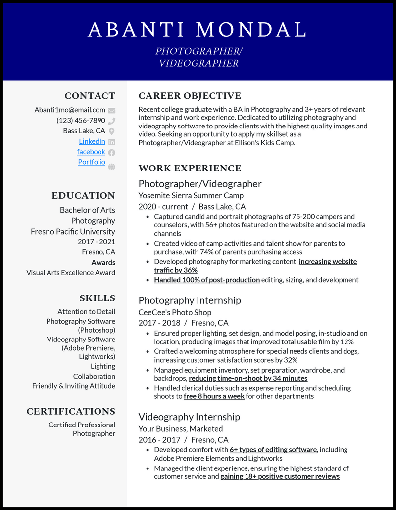 sample resume for videographer