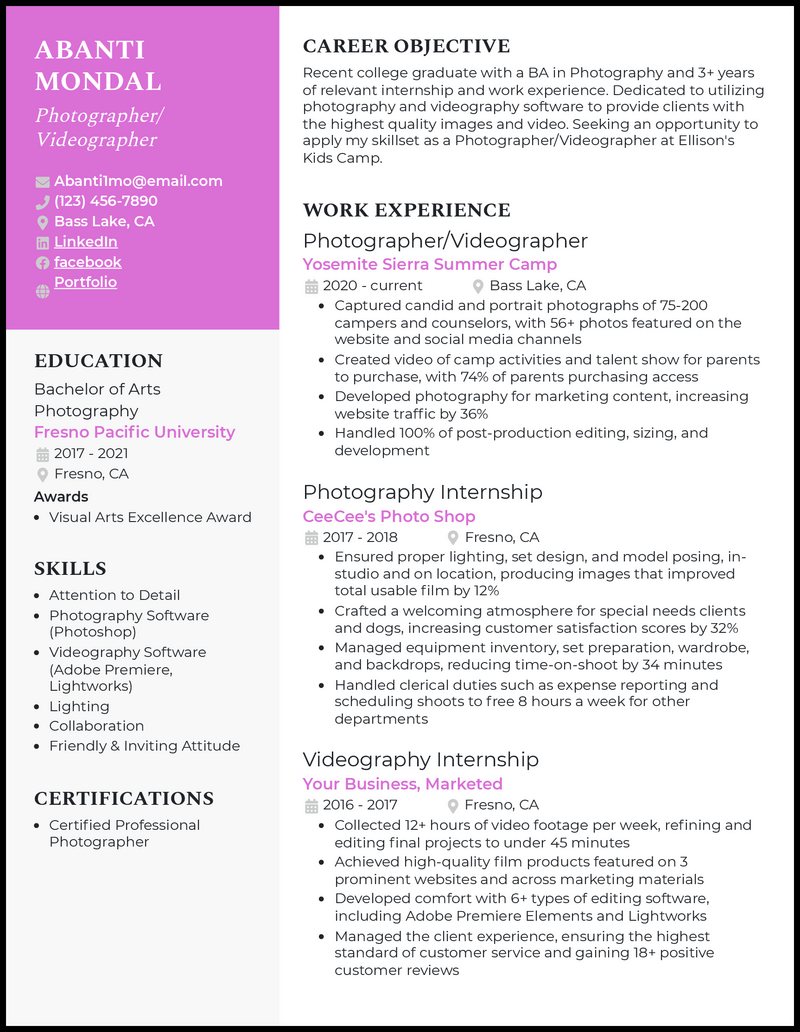 Photographer videographer resume example with 3+ years of experience