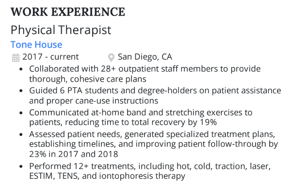 Physical therapist resume work experience