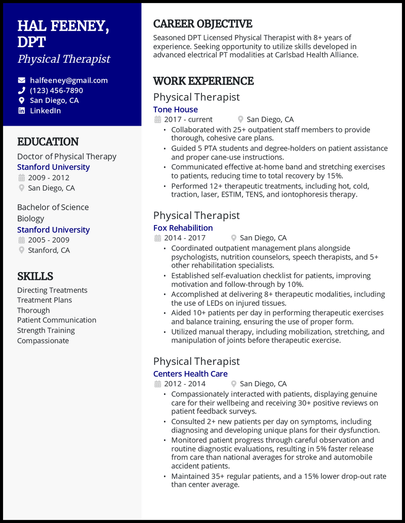 Physical therapist resume example with 11 years of experience