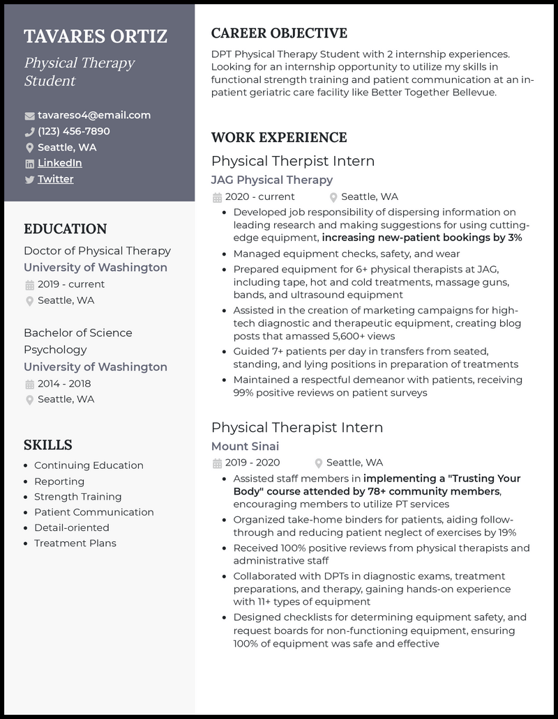 Physical therapy student resume example with 5 years of experience