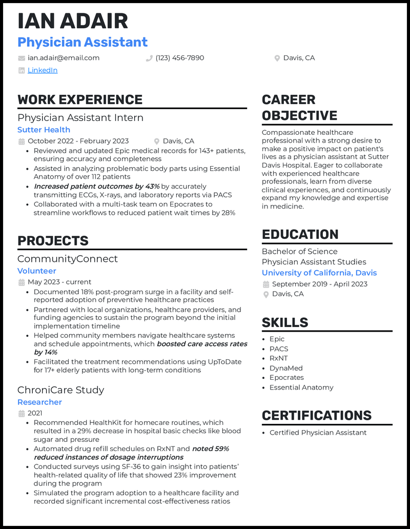 Physician assistant new grad resume example with internship experience