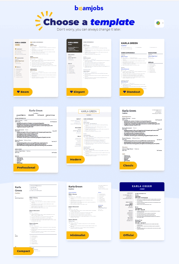 BeamJobs’ templates to build your cashier resume on