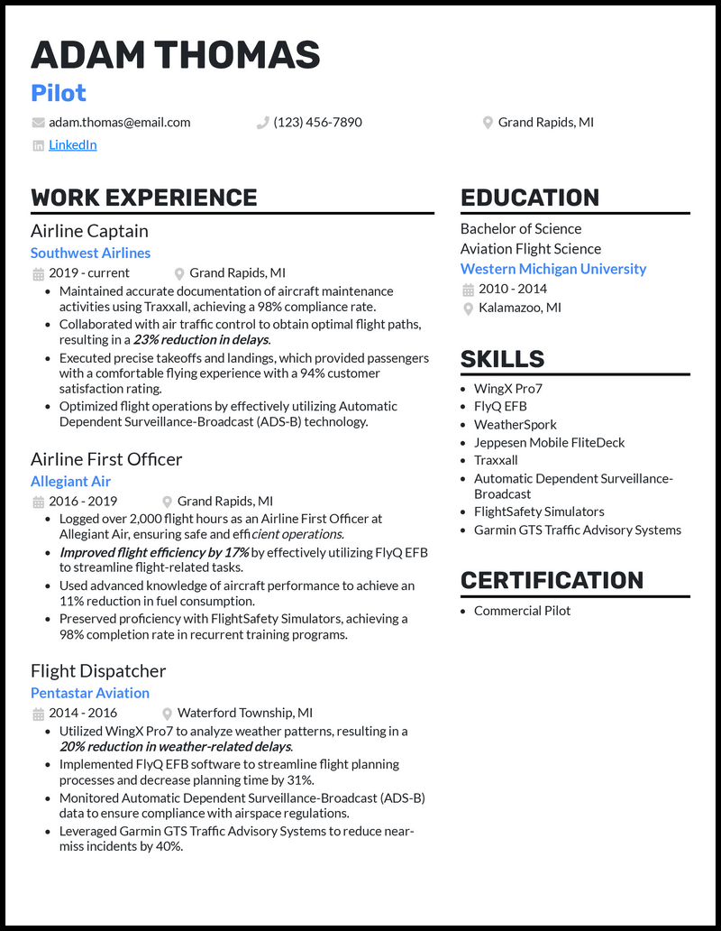 5 Pilot Resume Examples Ready for Takeoff in 2025