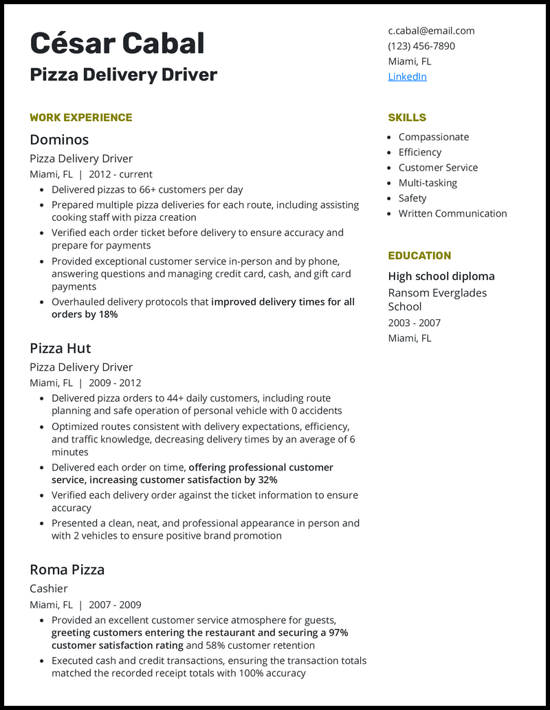 sample resume for food delivery driver