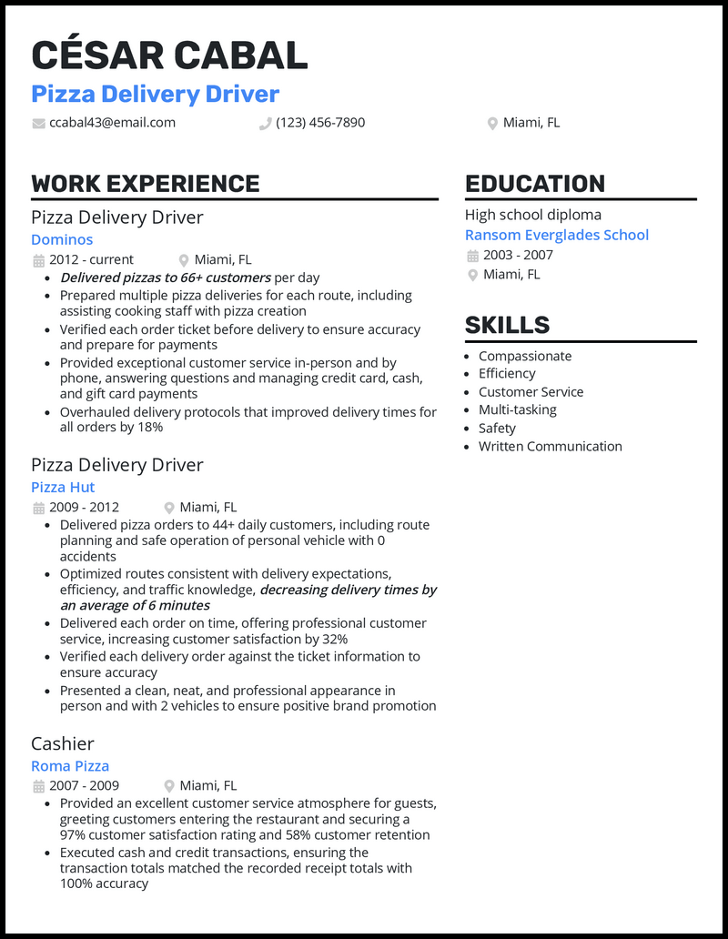 Pizza delivery driver resume example with 4+ years experience