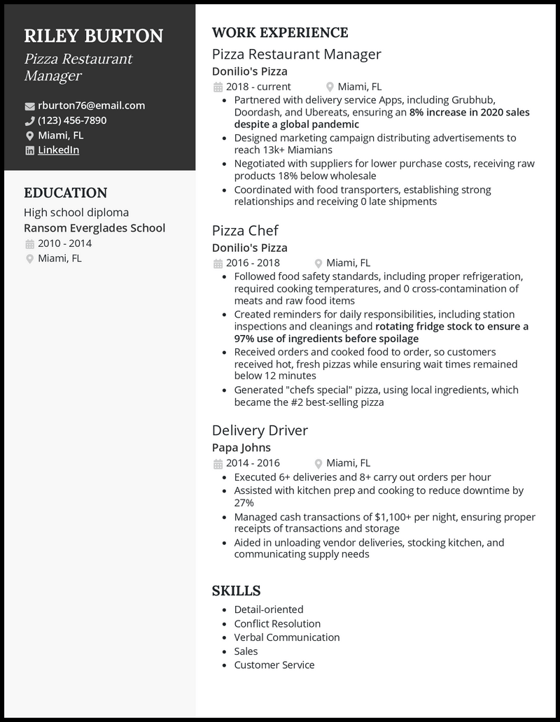 Pizza restaurant manager resume example with 8+ years experience