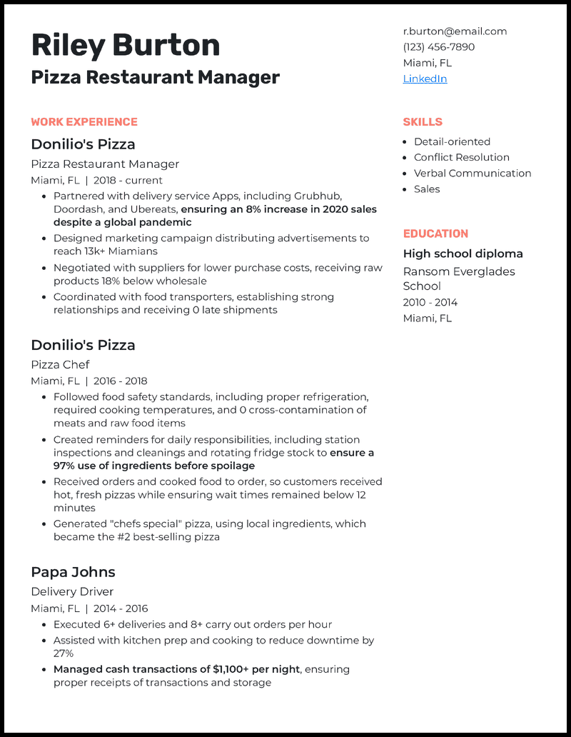 restaurant supervisor summary for resume