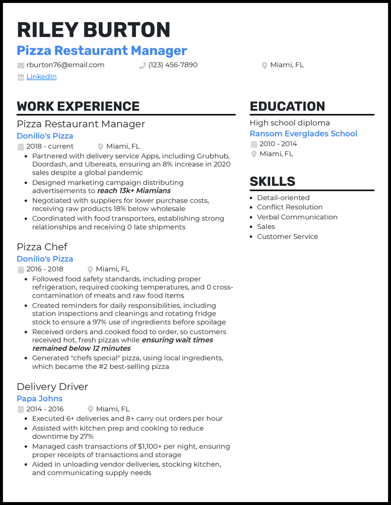 3 Pizza Restaurant Manager Resume Examples Made in 2024