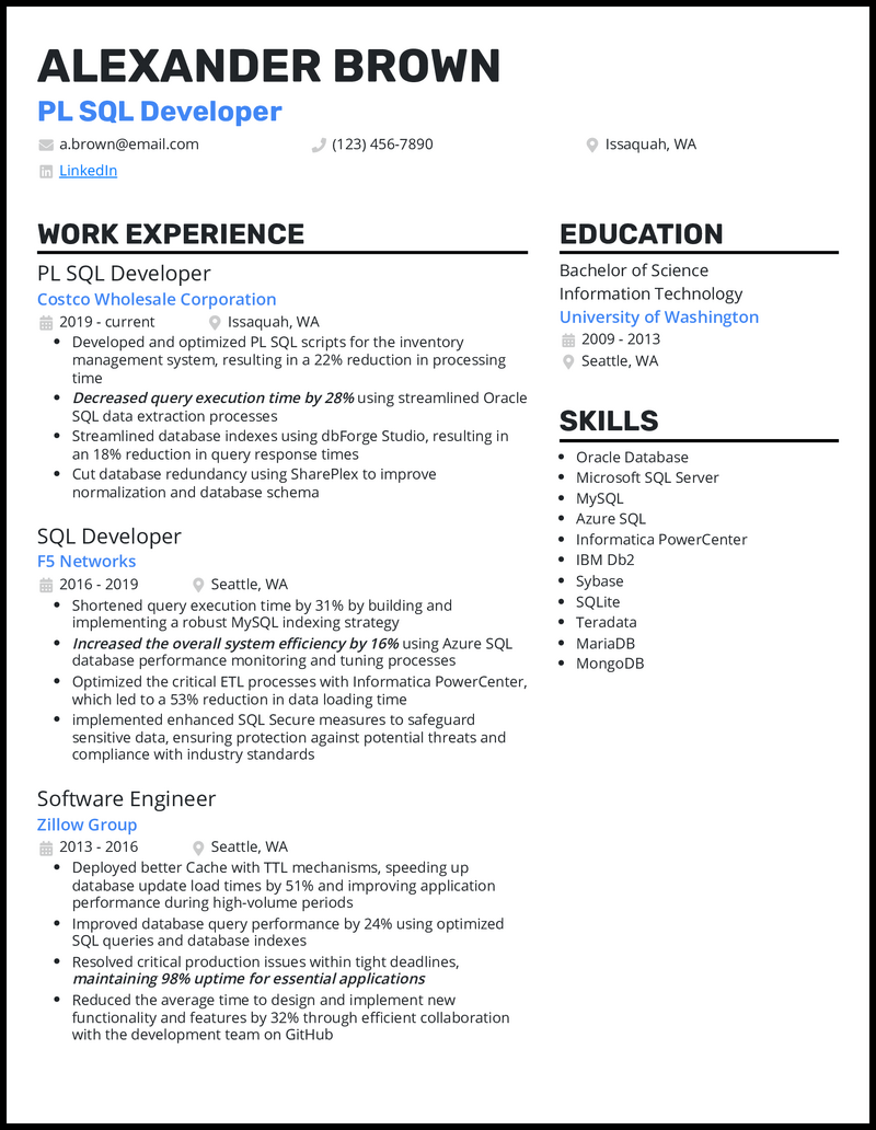 PL SQL Developer resume example with 10 years experience
